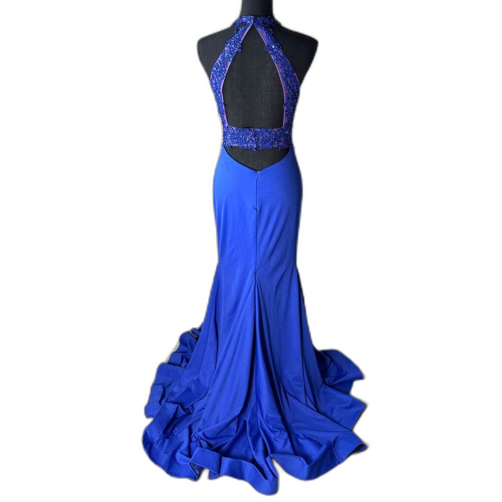 1006 Size 6 Morilee royal blue illusion halter gown mermaid slit train backless - Picture 3 of 5